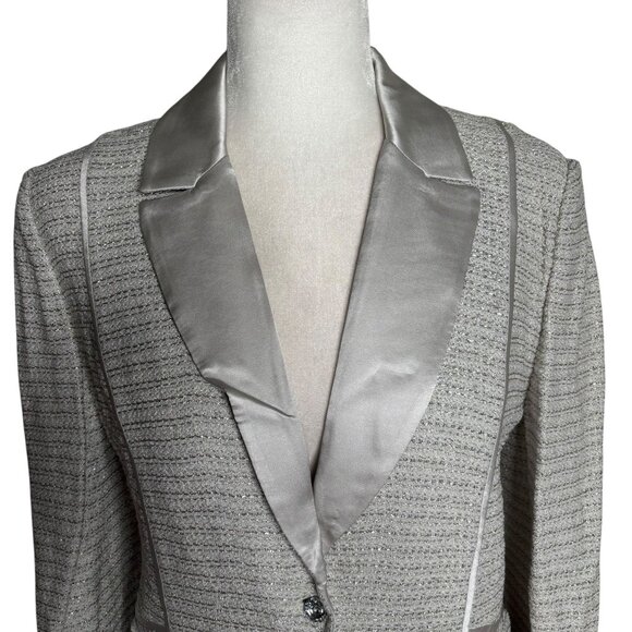 Vintage St John Evening Metallic Blazer 8 Silver Grey Satin Lapel Buttons Pocket - Picture 2 of 7